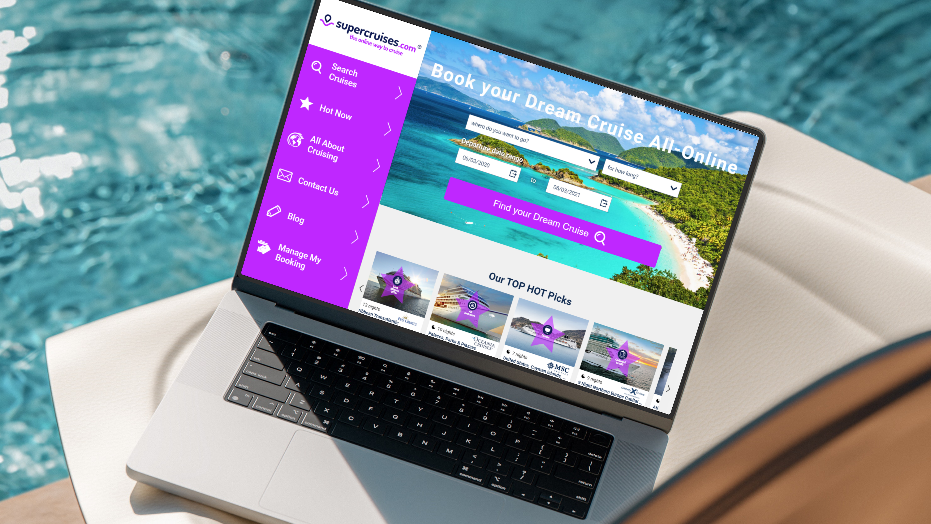 Laptop on poolside lounger with filter view and search box on travel booking platform